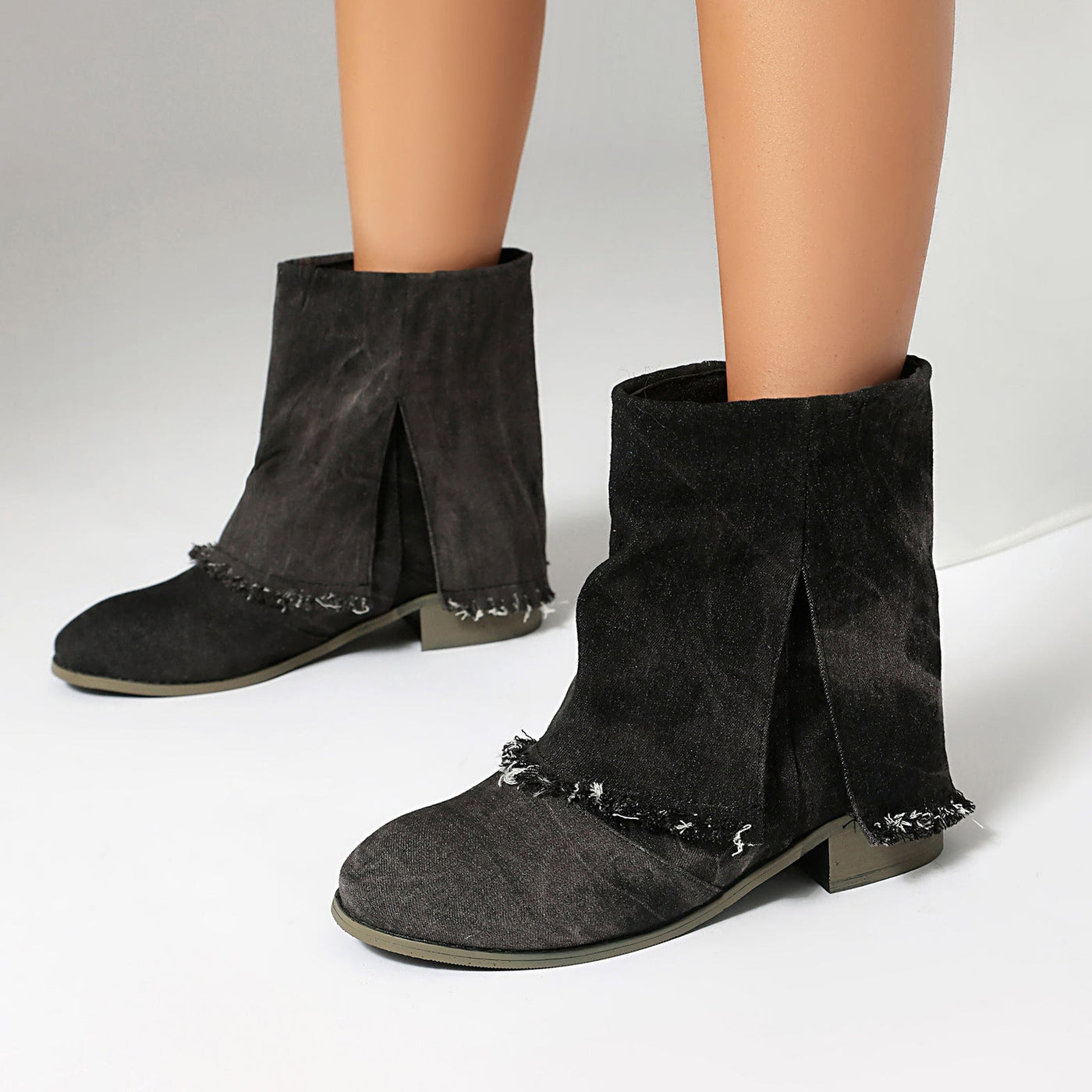 Ashford | Sunniva – Women’s Denim Slip-On Ankle Boots with Distressed Trim & Side Slits