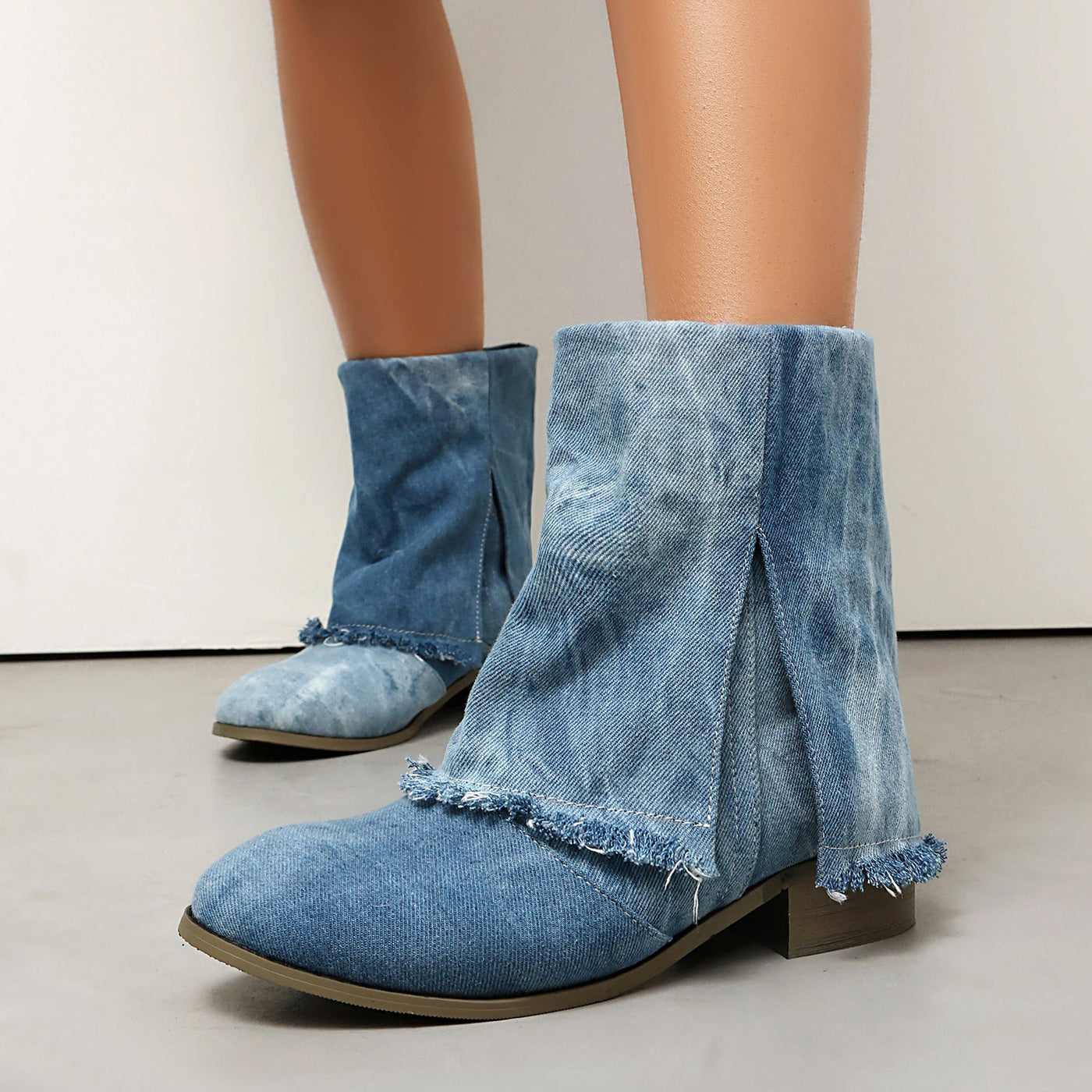 Ashford | Sunniva – Women’s Denim Slip-On Ankle Boots with Distressed Trim & Side Slits