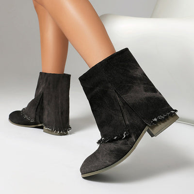 Ashford | Sunniva – Women’s Denim Slip-On Ankle Boots with Distressed Trim & Side Slits