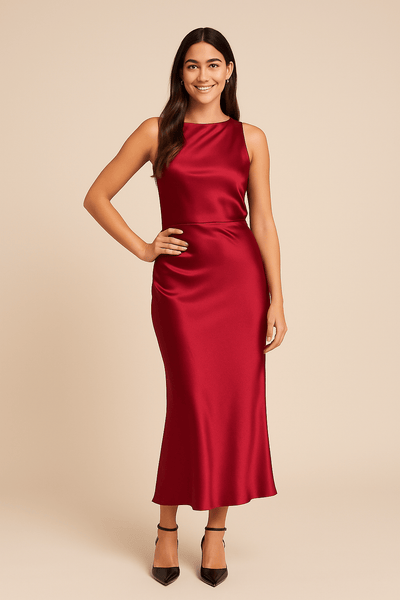Ashford | Valeria – Satin Backless Midi Dress – Slim Fit, Draped Neckline, Occasion Style - Ashford London Clothing