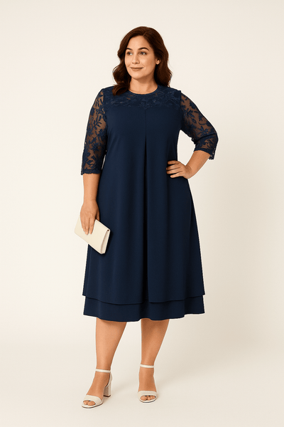 ASHFORD | Women's A - Line Dress - Knee Length - Sheer Embroidered Mid Sleeves - Layered Skirt - Ashford London Clothing