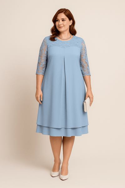 ASHFORD | Women's A - Line Dress - Knee Length - Sheer Embroidered Mid Sleeves - Layered Skirt - Ashford London Clothing