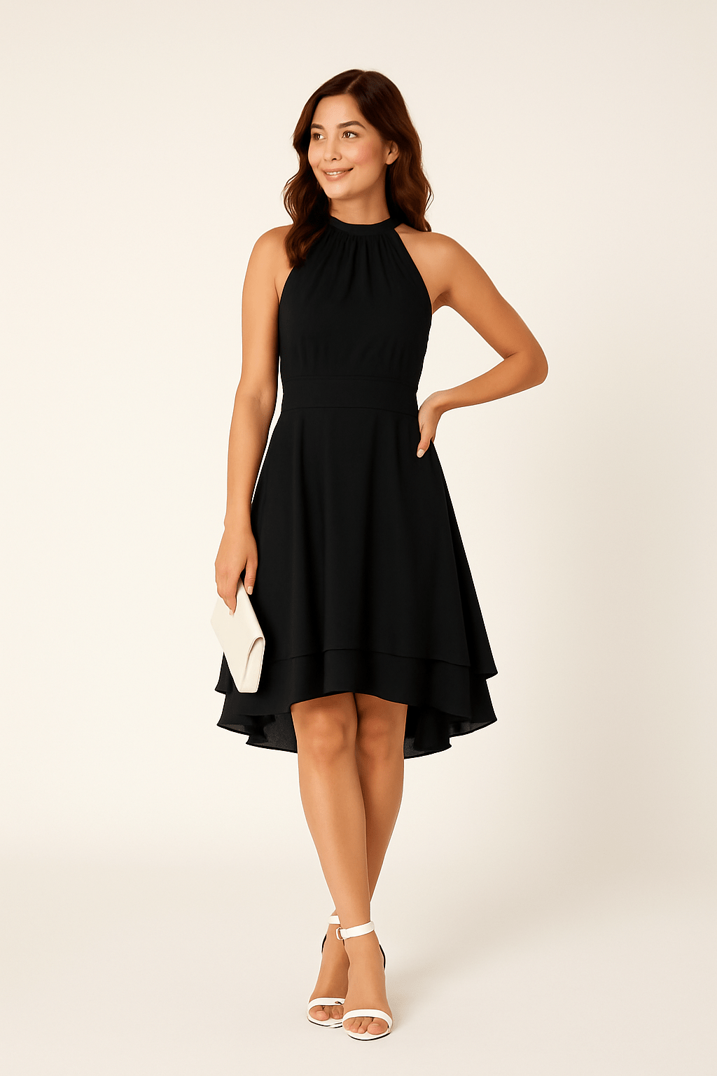 ASHFORD | Women's Dress - Halter Neck - Sleeveless - High - Low Layered Skirt - Fitted Waist - Ashford London Clothing