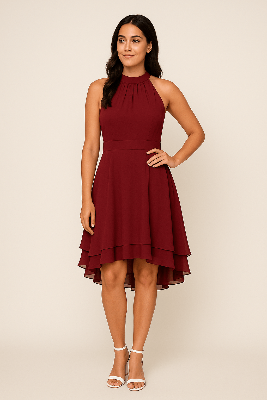 ASHFORD | Women's Dress - Halter Neck - Sleeveless - High - Low Layered Skirt - Fitted Waist - Ashford London Clothing
