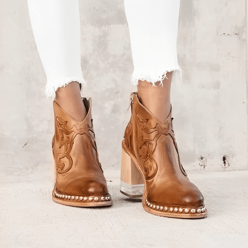 Ashford | Ysella – Women’s Embroidered PU Leather Ankle Boots with Studded Sole