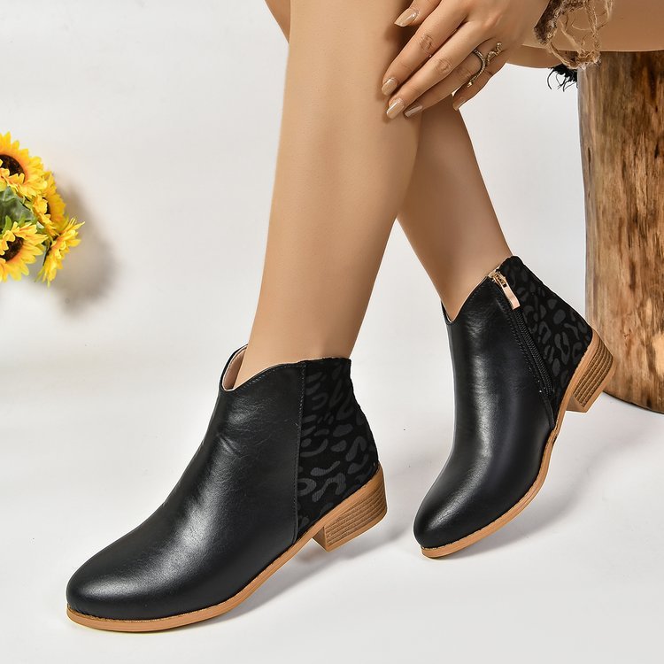 Ashford | Zayla – Women’s PU Leather Ankle Boots with Leopard Panel & Chunky Heel