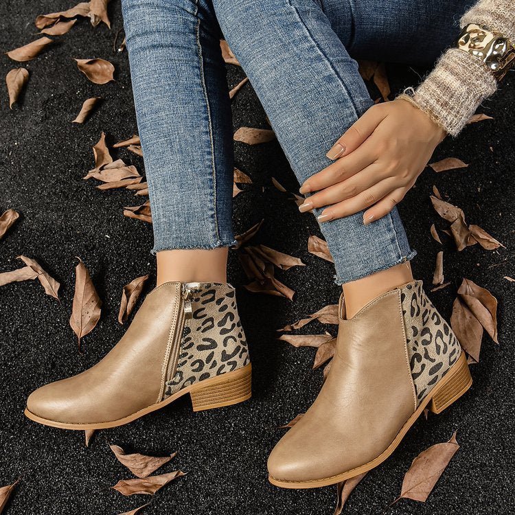 Ashford | Zayla – Women’s PU Leather Ankle Boots with Leopard Panel & Chunky Heel