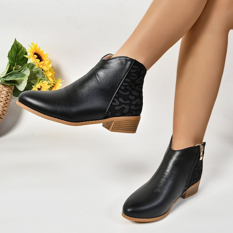 Ashford | Zayla – Women’s PU Leather Ankle Boots with Leopard Panel & Chunky Heel