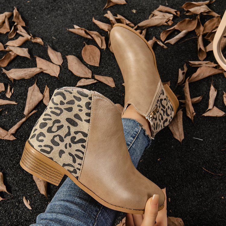Ashford | Zayla – Women’s PU Leather Ankle Boots with Leopard Panel & Chunky Heel